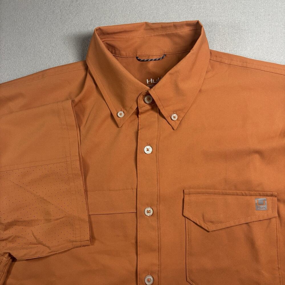 Huk Mens L Orange Solid Polyester Woven Button-Down Shirt Pockets Breathable